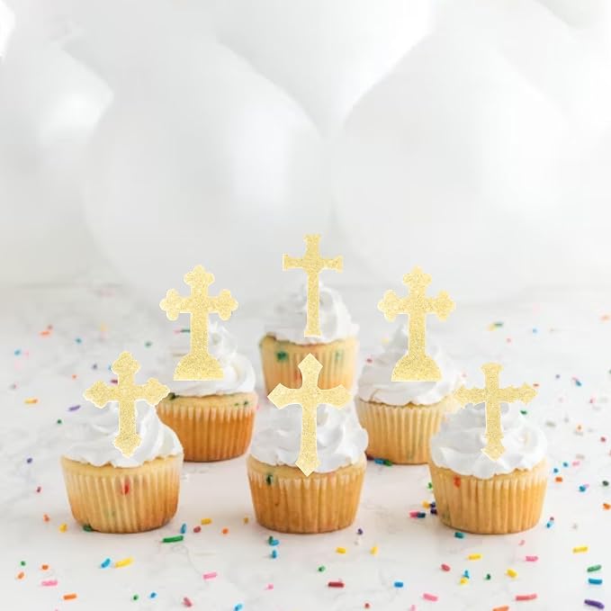 60 PCS Edible Cross Cupcake Toppers God Bless and Baptism Cupcake Toppers Edible Cross Cupcake Picks First Communion Cake Decorations for Religious Theme Baby Shower Birthday Party Supplies Gold