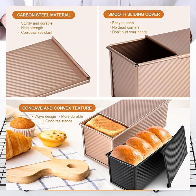 2 Pack Pullman Loaf Pan with Lid and a Silicone Spatula and Basting Pastry Brush, 2.2 LB & 1 LB Dough Capacity, Non-Stick Carbon Steel Bread Pans, Corrugated Toast Mold for Bakeware Toast Oven Baking