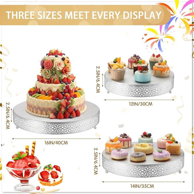 Wenqik 3 Pcs Cake Stand 16'' 14'' 12'' Round Metal Cake Stand Bases Display Holder Cookies Serving Tray Display Plate Cupcake Dessert Pastry Riser for Wedding Birthday Party(Vintage Style, Silver)
