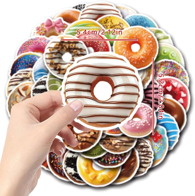 Donut Stickers,50 PCS Doughnut Food Themed Waterproof Sticker Vinyl Decals Supplies Favors Party Decor Water Bottles Laptop Phone Helmet Scrapbooks Gifts Birthday