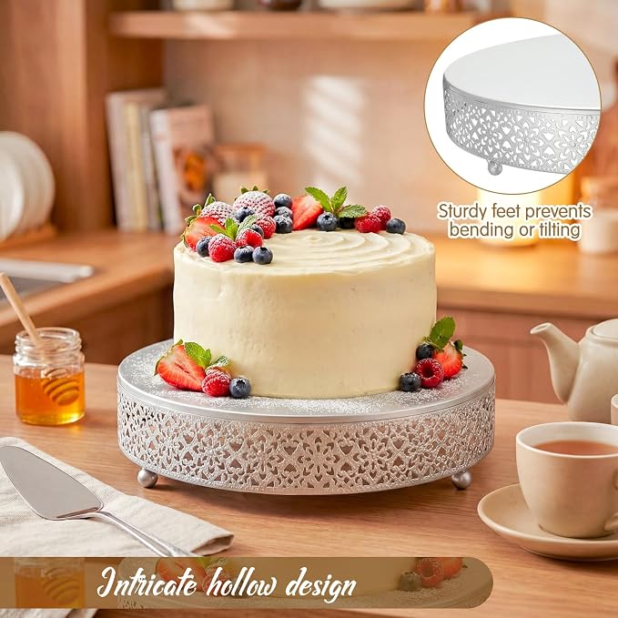 Wenqik 3 Pcs Cake Stand 16'' 14'' 12'' Round Metal Cake Stand Bases Display Holder Cookies Serving Tray Display Plate Cupcake Dessert Pastry Riser for Wedding Birthday Party(Vintage Style, Silver)