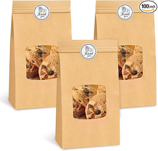 Ocmoiy Small Bakery Cookie Bags with Window, 3.5x2.36x6.7 Inches, 100 Pcs | Tin Tie Tab Lock, Kraft Paper Bags, With Thank You Stickers, For Cookie, Coffee, Bread