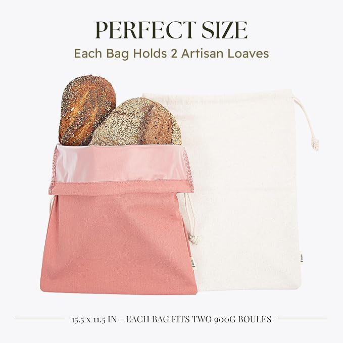 Sourdough Bread Bags for Homemade Bread, 2 Pack, Reusable Cotton Linen, Machine Washable, Freezer Safe - BPA-Free TPU Liner, Fits 2 Loaves Each, Beeswax Wrap Alternative, Drawstring Closure