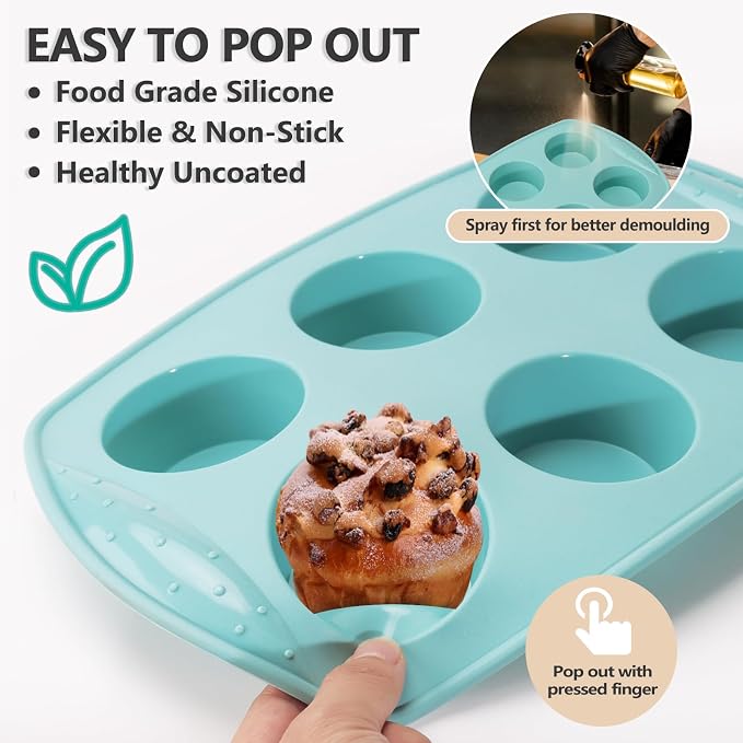 6-Cavity Silicone Muffin Pan, Circular Shape Non-Stick Baking Mold for Cupcakes, Egg Tarts, Fruit Pies, Brownies, Oven & Dishwasher Safe (-104°F to +446°F), BPA-Free Flexible Bakeware - Nordic Blue