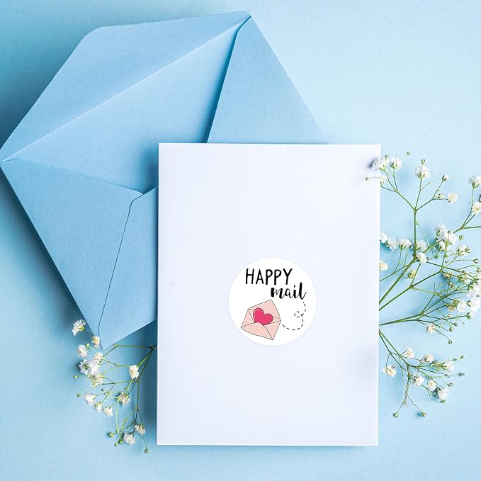 Louise Maelys 1.5 Inch Happy Mail Stickers 500 Pcs Lables for Mail Decorations for Envelopes, Crafts, Scrapbooking Easy Peel & No Residue