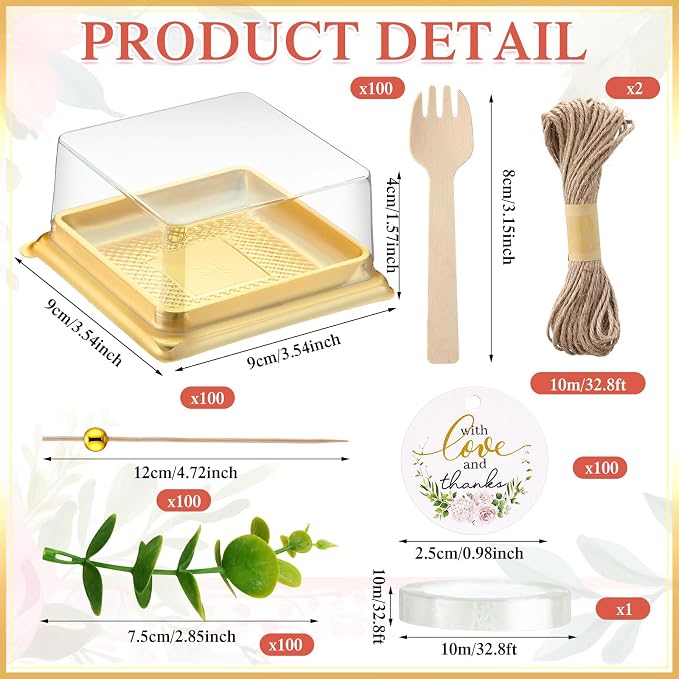 Honeydak Clear Cake Containers with Lids Wedding Cake Pans Cupcake Container Muffins Box Cocktail Picks Appetizer Thanks Tags Eucalyptus Leaves for Wedding Birthday Dessert Display(100 Sets)