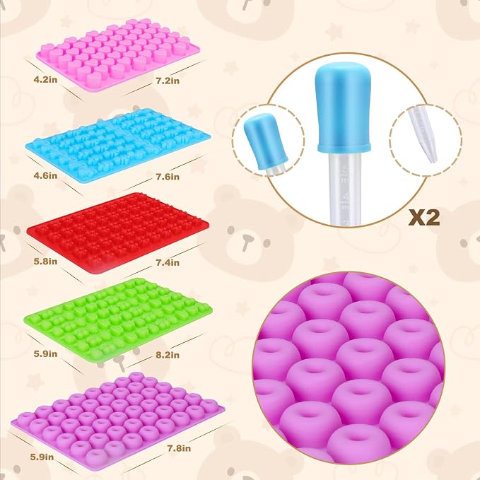 Palksky 5-Piece Silicone Candy Molds - Gummy Bear, Fruit, Dinosaur, Donut & Heart Shapes with 2 Droppers