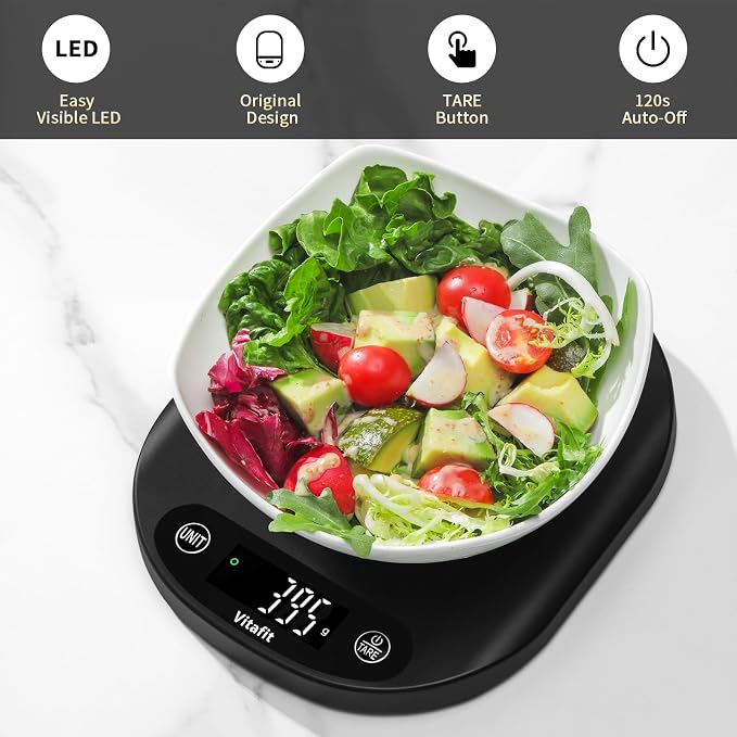 Vitafit 33lb/15kg Digital Food Scale in High Precision 0.1oz/1g, Our Own Kitchen Scale Professional Factory Since 2001, Home and Kitchen Essentials for Cooking and Baking, LED, 3*AAA Batteries, Black