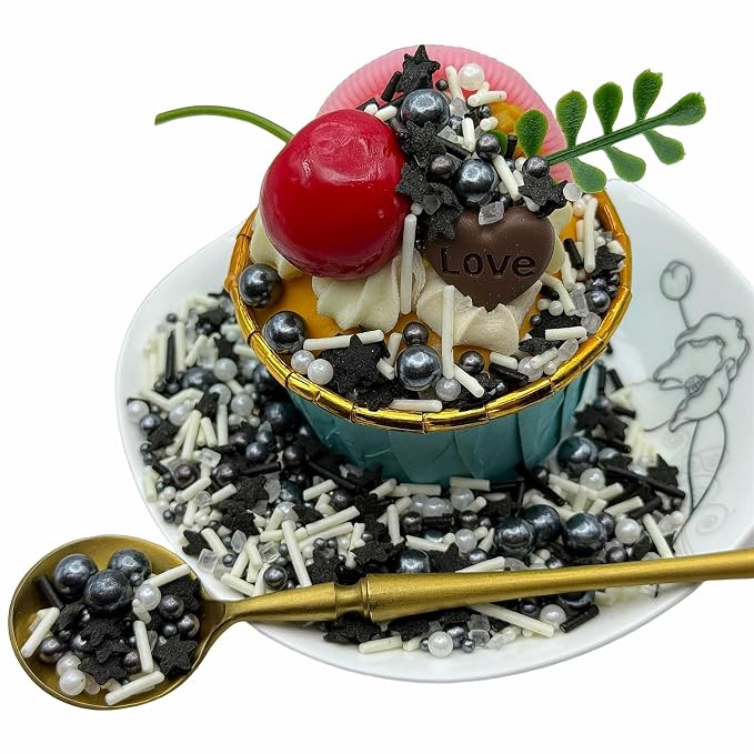 CandiJumpin Black and White Pearl Sprinkles, Edible Pearls and Jimmies Mix Black White Sprinkles Crunchy Jimmies Star Confetti Edible Pearls for Cake Decorating Pearl Decoration for Baking Baby Shower Party Birthday Wedding Christmas Supplies 3 OZ