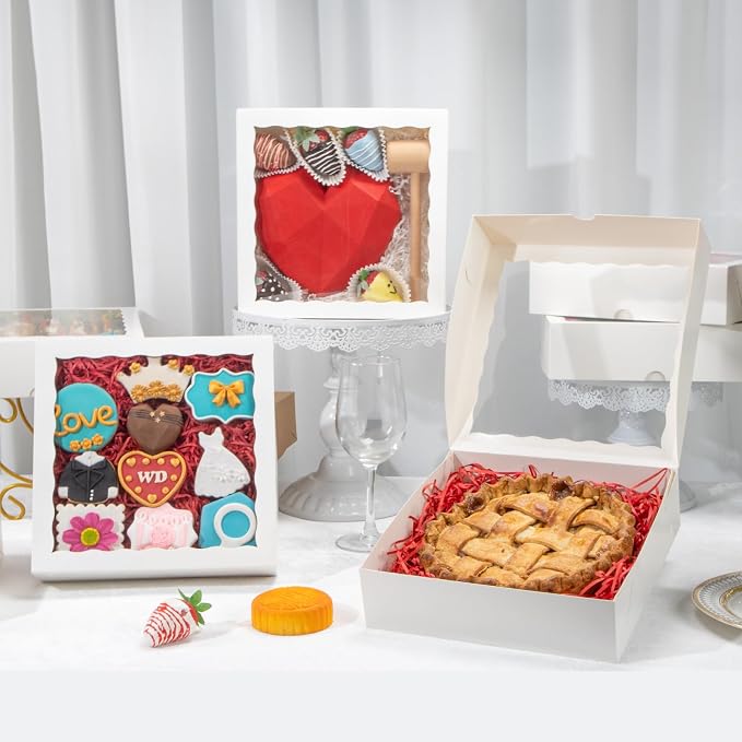 TEMLQPACK 25pcs 9x9x2.5 Inches White Bakery Boxes with Window Cookies Boxes Pie Boxe Chocolate Covered Strawberries Boxe