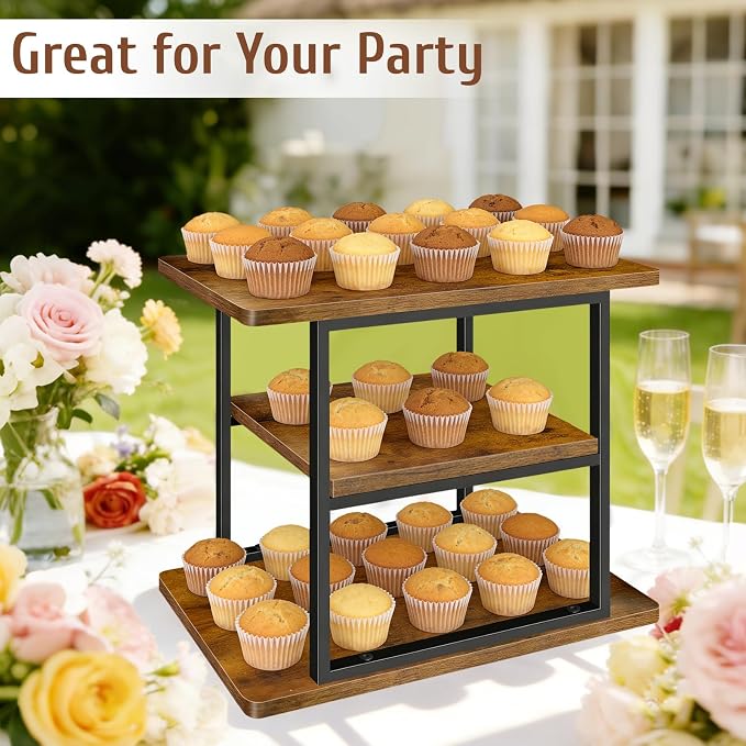 Cupcake Stand, 3 Tier Rustic Industrial Wood Cake Stand Cupcake Tower Stand, Dessert Table Display Set Tiered Tray Display Stand Serving Tray for Party, Birthday, Baby Shower