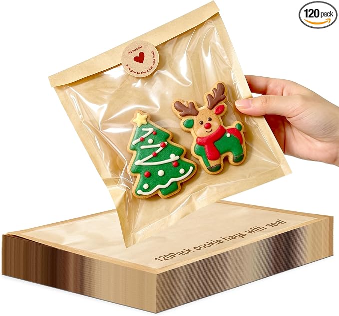 Individual Cookie Packaging Bags with Seal 120 Pack Bakery Bags for Cookies | 5.7x6.5 Inch Kraft Paper Cookie Bags with 120PCS Handmade Sticker Bakery Packaging Bags with Window for Candy Scone Brownie