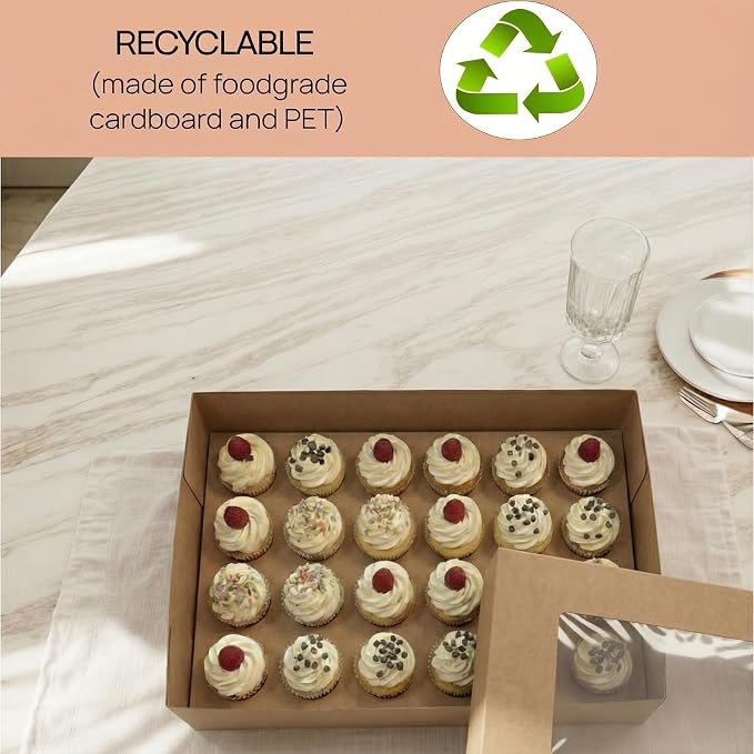 Mini Cupcake Box 6-Pack, Holds 24 Mini Cupcakes, CupCake Holder, Cake Carrier, Food Grade Brown Kraft Pop-up Bakery Boxes, 14 x 10 x 4 inch with Inserts and Window Fits 24 Cupcakes Pack of 6.
