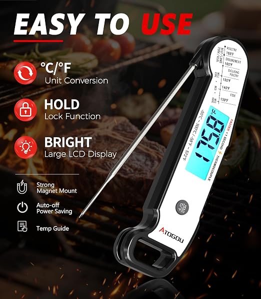 Atogou Professional Meat Thermometer Digital, Silver | <1 Sec Instant Read & ±0.5℉ Accuracy, IP67 Waterproof, Thermocouple Sensor Probe, for Kithchen, BBQ, Grill for Men Him Dad