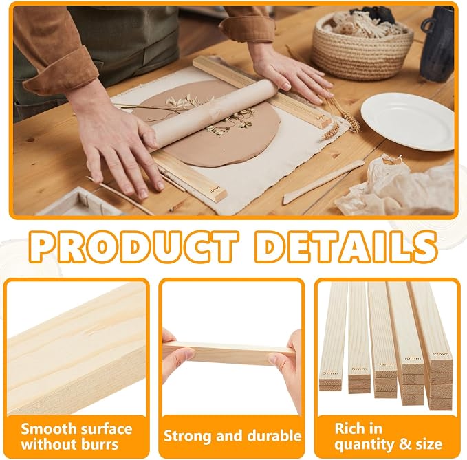 Sasylvia 20 Pcs Clay Pottery Rolling Pin Guides Wood Teaching Rolling Mud Stick Guide Set Polymer Clay Depth Thickness Guide Pottery Mudboard Tools (5 Size,Wood Color)