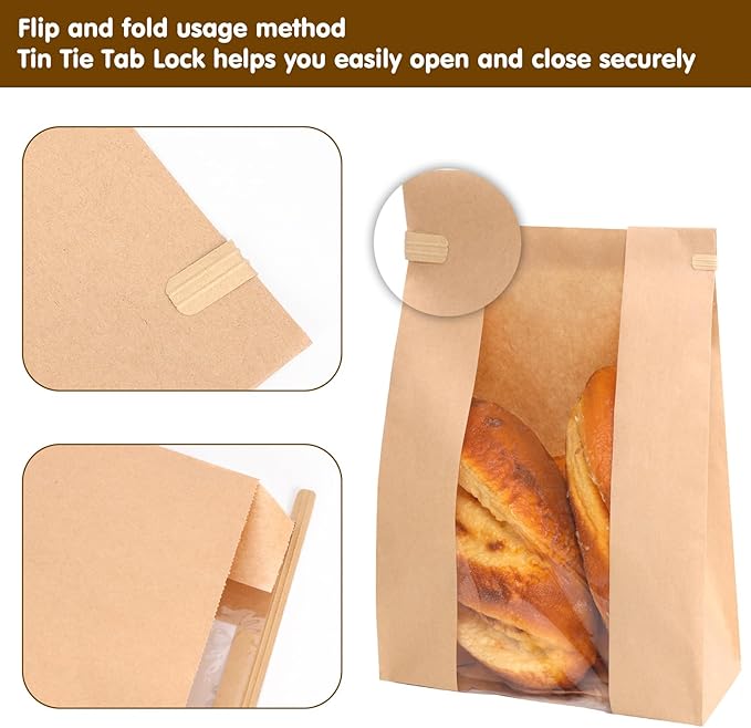 Moretoes 20 Pack Paper Bread Bags for Homemade Bread, 13.7x8.3x3.5 Inches, Sourdough Bread Bags with Tin Tie Tab and Clear Front Window, Includes 36 Label Seal Stickers