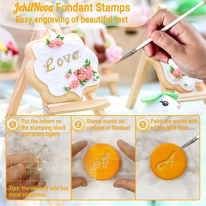 4 PCS Alphabet Letter Fondant Stamps for Biscuit Cake Cookie, Upgraded Food Grade Alphabet Cake Stamp Tool Uppercase Extra Spare Lowercase Numbers Phrases for Christmas Party Reusable Cookie Stamp