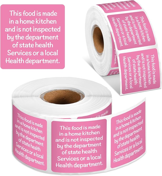 500 Count Cottage Food Law Labels Stickers 1.5” Pink Square Food Stickers Made in a Home Kitchen Decal Thermal Printed Labels for Home Kitchen Bakery Bread Sourdough