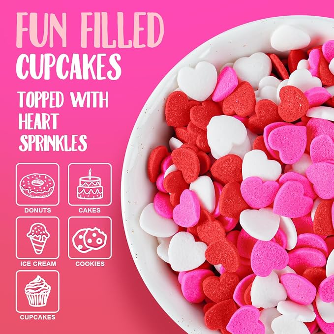 Valentines Sprinkles for Baking, 7oz Pink White and Red Heart Sprinkles for Cake Decorating, Valentine Sprinkles for Cookies, Cake, Cupcake, Ice Cream, Strawberries Toppings