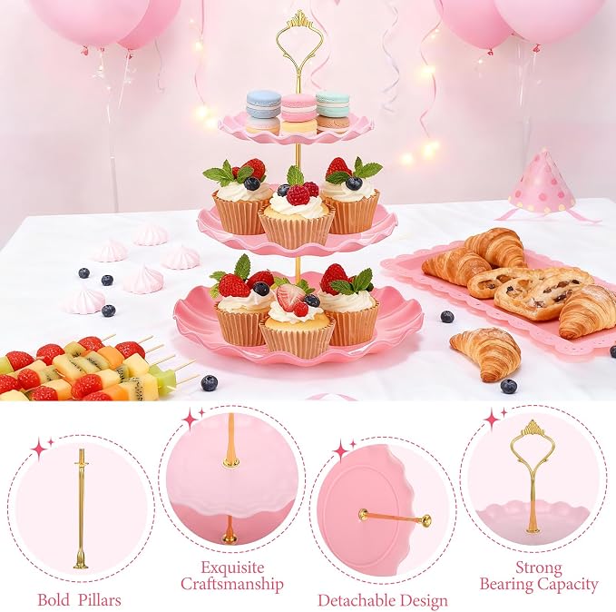FoldTier 6 Pack Cupcake Stand Set 3 Pcs 3 Tier Gradient Dessert Table Display Stands Cookie Tray Rack 3 X14 in Rectangle Party Trays for Wedding Birthday Tea Party Baby Shower (Pink,Round)