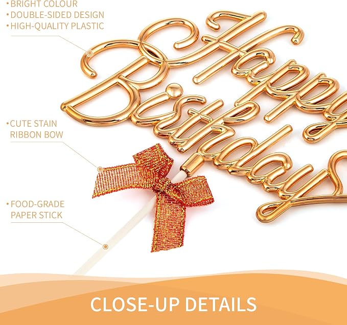 Gold Happy Birthday Cake Topper Plastic - 3D Double Sided Cursive Happy Birthday Sign for Cake with Bow, Idea for Cake Decoration(GOLD)