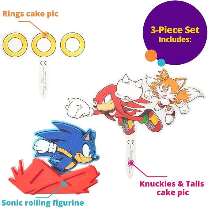 DecoSet Sonic The Hedgehog Cake Topper, 3-Piece Decoration Set With Tails & Knuckles Cake Pic, Rings Cake Pic And Rolling Sonic Action Figurine, For Birthday And Celebrations
