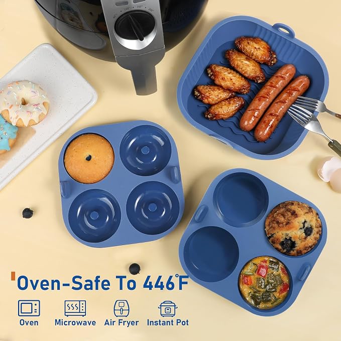 Webake Platinum Silicone Air Fryer Baking Pan Set for Jumbo Muffin, Donut, Nonstick Air Fryer Liners for 5-7 Qt Airfryers, Dishwasher Safe, BPA-Free, 3Pcs