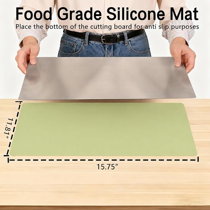Large Stainless Steel Cutting Board with Lip for Kitchen, Chopping Boards with Green Non-slip Mat, Cutting Board with Counter Lip for Meat, Fruits, Vegetables, Bread,Dough(15.7" × 11.8")