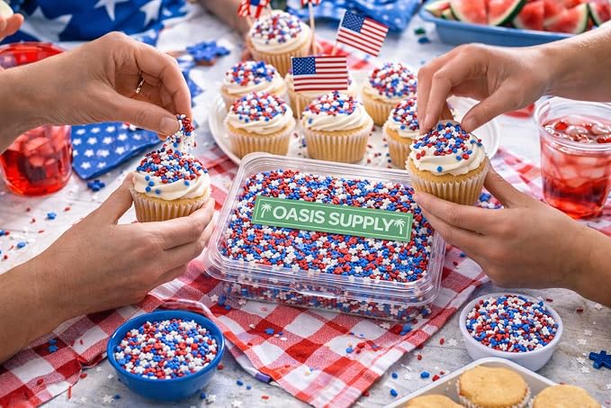 Oasis Supply Patriotic Sprinkle Mix – Red White & Blue Edible 4th of July Cake & Cupcake Decorations with Stars, Jimmies & Sugar Pearls – Independence Day & Memorial Day Party Dessert Toppings (Red, White & Blue Stars)