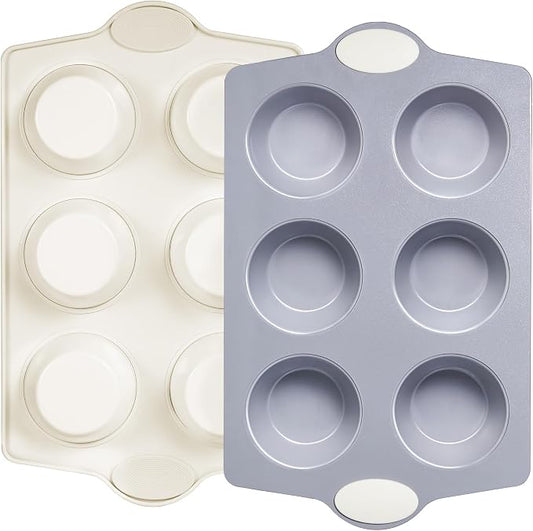 BRONYPRO 2-Pack 6-Cup Non Toxic Nonstick Ceramic Jumbo Muffin Pan & Cupcake Tin, PFOA & PFOA Free, Heavy Duty Rust-Resistant Aluminized Steel, Oven Safe, Cream White