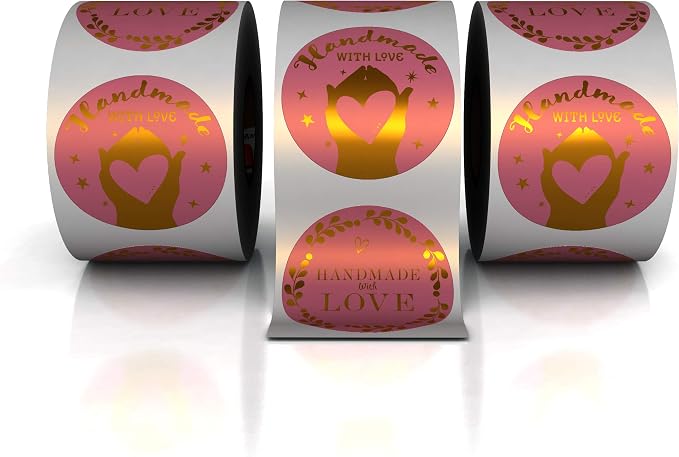 Kenco 1.5" Inch Handmade with Love Stickers, Made in The USA! for Envelopes, Boxes, Packaging and More - 500 Labels Per Roll (2 Pack 1,000 Stickers, Pink and Gold FOIL)