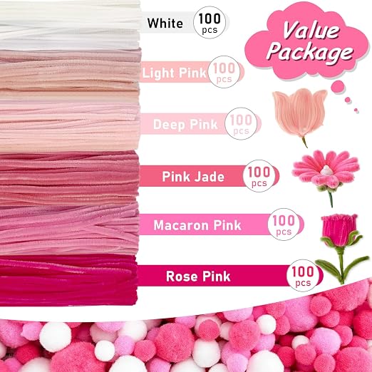 600pcs Pink Pipe Cleaners Bulk and 300pcs Pompoms - Fluffy Fuzzy Wire, Pastel Pom Poms Chenille Stems for Arts & Crafts, Ideal for Making Flowers Animal Thanksgiving Christmas Party Supplies