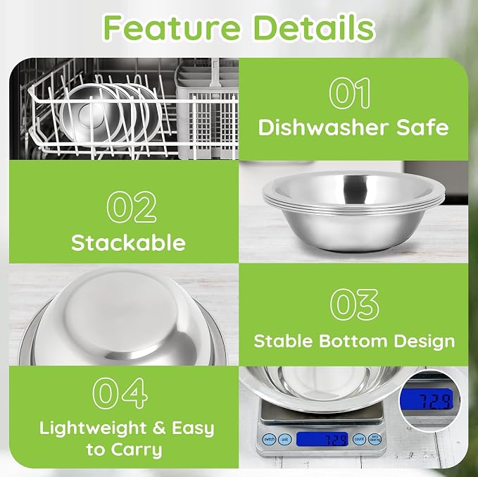 304(18/8) Stainless Steel Mixing Bowls for Kitchen, 10 Pack 6.3" 13.67 fl.oz Metal Mixing Bowls Set Stackable for Baking Serving Cooking Food Prep Storage Dishwasher Safe Lightweight