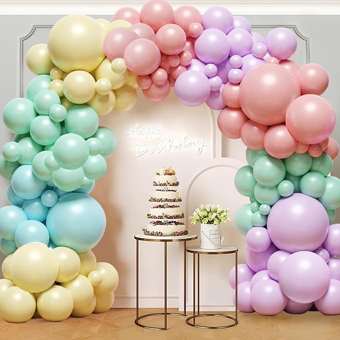 Pastel Balloon Arch Garland Kit - 131Pcs Rainbow Balloon Arch Kit - Birthday Balloons, Macaron Pink Yellow Blue Purple Balloons for First Birthday Baby Shower Wedding Party Decorations