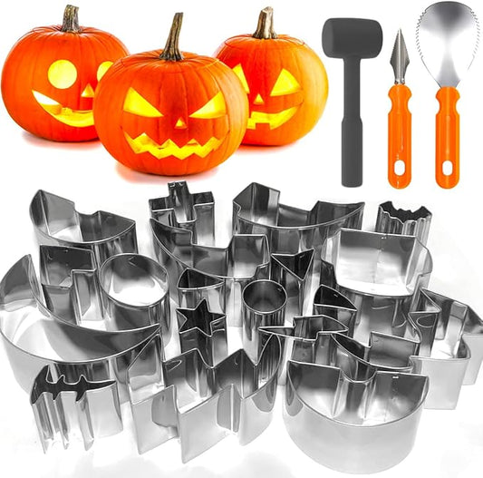 Pumpkin Carving Kit 22Pcs Tools, 2” Deep Halloween Pumpkin Carving Stencils Set Metal Mold with Hammer, Safer & Funny Halloween Decoration Cookie Cutters Shapes Pie Pancake