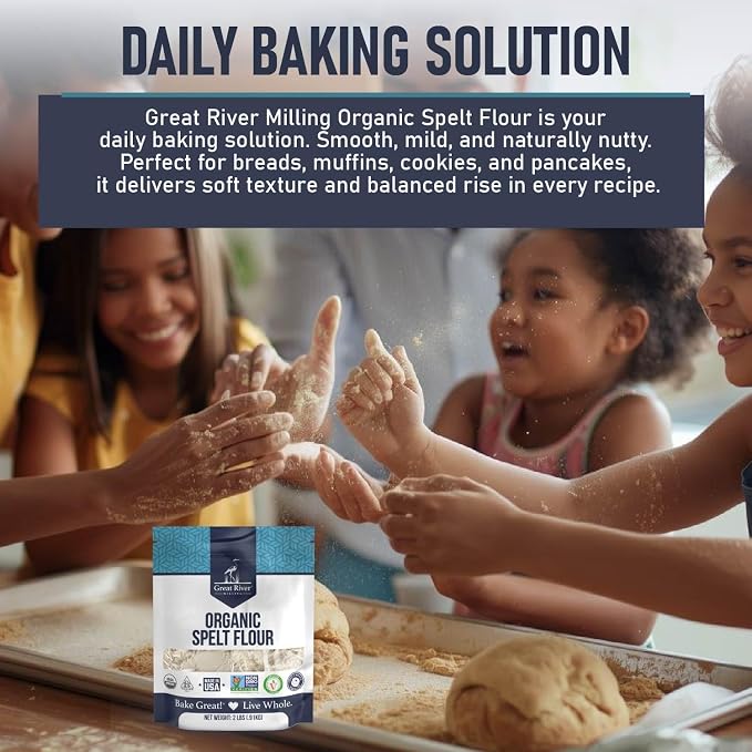 Great River Milling Organic Spelt Flour | Whole Grain Ancient Wheat Flour | USDA Organic, Non-GMO, Kosher | High Fiber, Mild Flavor | Ideal for Baking Breads, Muffins, Cookies & More | 2 Lb