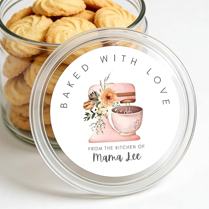 120-1000 Pack Custom Baked with Love Stickers,Personalized Baking Labels for Branding,Packaging,Gift Tags, 1.5 2 2.5 Inch Bakery Labels, Roll or Sheet Format (Round)