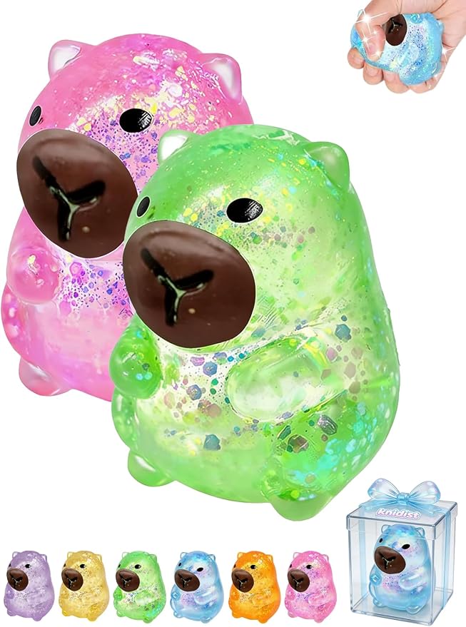 Capybara Squishy Glitter Animal Squeeze Balls Cute Capybara Stress Ball Anxiety Relief Slow Rise Adult Sensory Fidget Tool Gift Sparkling Desk Decor Collectibles Decompression Dough(2pcs Set4)