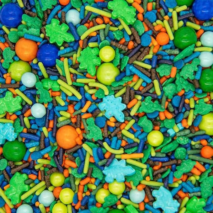 Dinosaur Sprinkles for Cupcakes Cake Decorating, Cookies and Baking - Fancy Edible Dino Sprinkles Cake Toppings in Brown Jimmies, Blue Nonpareils, Orange and Green Sugar Crystal and Pearl Sprinkles