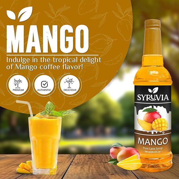 Syruvia Mango Syrup, Flavored Syrup for Cocktails, Fruit Drinks, Lemonades, and Desserts – 25.4 fl oz - with Pump