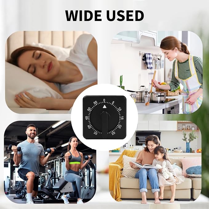 2 Kitchen Timer : Square 60 Minute Mechanical Visual Cooking, Time Management Tools Hour Manual Countdown Timer with Alarm for Kitchen,Baking, Exercise Auto Off No Batteries Required Black White