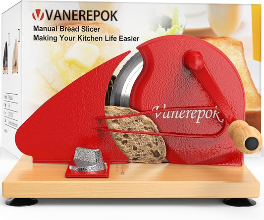 vanerepok Manual Bread Slicer Adjustable Thickness for Homemade Sourdough | Hand Crank Bread Cutter with Scale & Stable Suction Cups & Wood Base for Even Slicing Perfect Baking Gift for Home Bakers