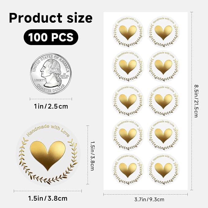 100 PCS Handmade with Love Stickers, Gold Foil Heart Labels for Small Business Packaging, Gift Wrapping, Dessert Table Treat Bags, Candy Bags, Wedding & Party Favor Stickers, 1.6 Inch