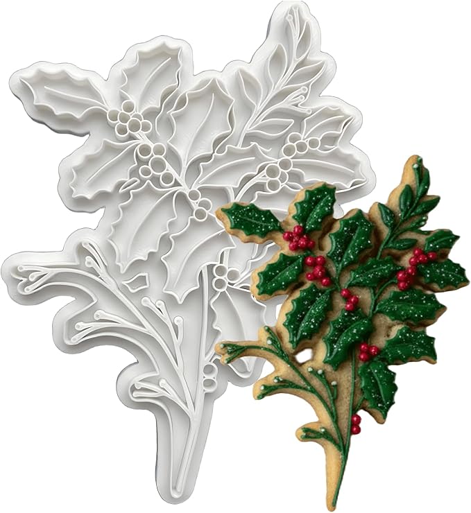 Birth Flower Cookie Cutter December Holly 3D Embosser Stamp with Detailed Petal Texture - Birth Month Flower Fondant Biscuit Baking Tools - Personalized Birthday Mom Gift Party Decorating 5"