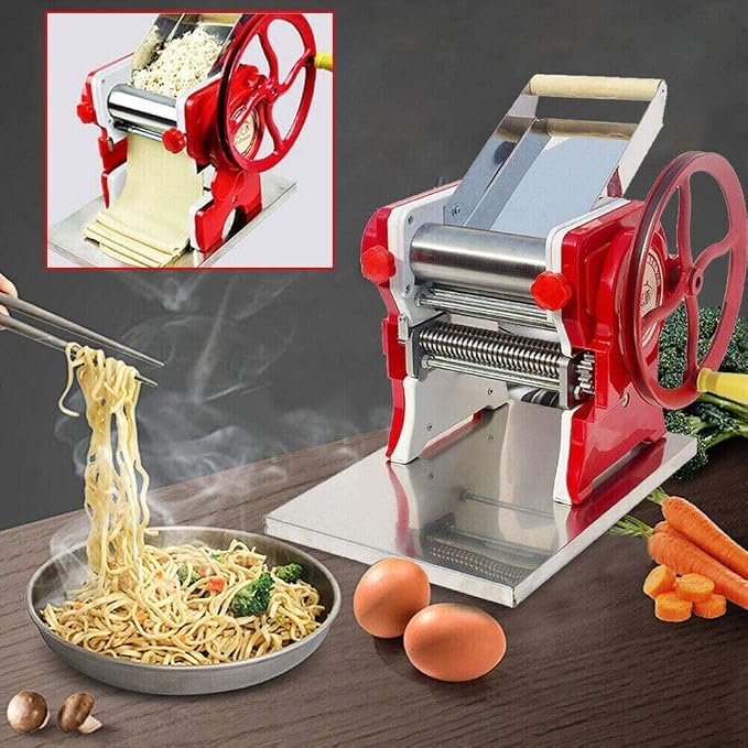 Manual Noodle Machine, Commercial Pasta Maker, Dough Sheeter Machine, Adjustable Thickness 0.5-5mm, Dough Roller Machine, Spaghetti Dough Machine for Home -Red