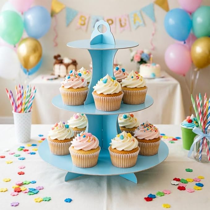 YLDW Cupcake Stand, 3-Tier Cupcake Stand Display, Cardboard Cup Cake Tower Stand, Disposable Dessert Stand for Birthday Tea Party Baby Shower Treat Decorations, Baby Blue