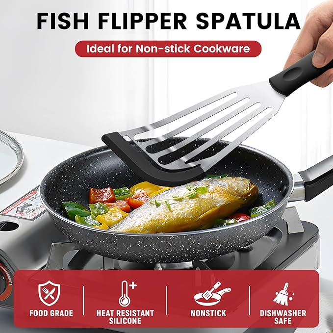 Silicone Fish Spatula, Heat Resistant Silicone Edge for Nonstick Cookware, Fish Turner for Kitchen Use, Flexible and Thin Stainless Steel Slotted Spatula,12.2 * 3.42 Inch, Black