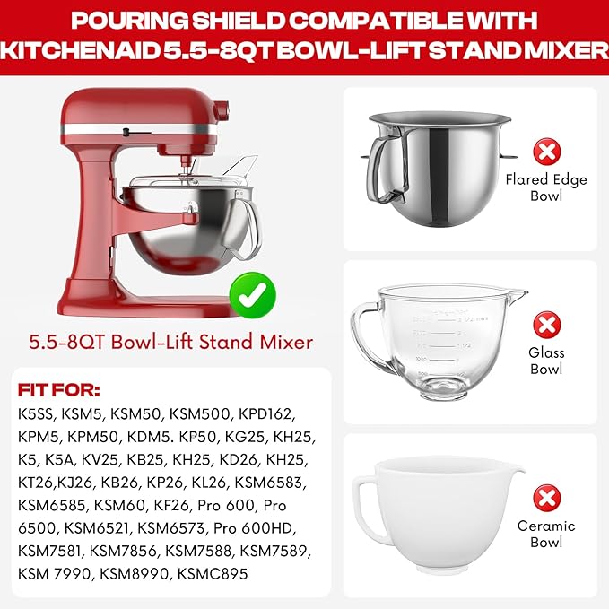 Pouring Shield for KitchenAid Mixer & Splash Guard Attachment - Compatible with 5.5-8QT Bowl-Lift Stand Mixers for KitchenAid