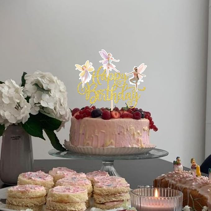 Rsstarxi 1 Pack Fairy Happy Birthday Cake Topper Floral Fairies Cake Pick Garden Fairy Cake Decorations for Fairy Theme Birthday Baby Shower Party Decorations Gold