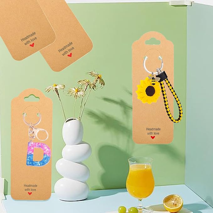 100PCS Keychain Display Cards,2.16'' x 6'' Handmade with Love Kraft Paper Jewelry Cards for Small Business Selling